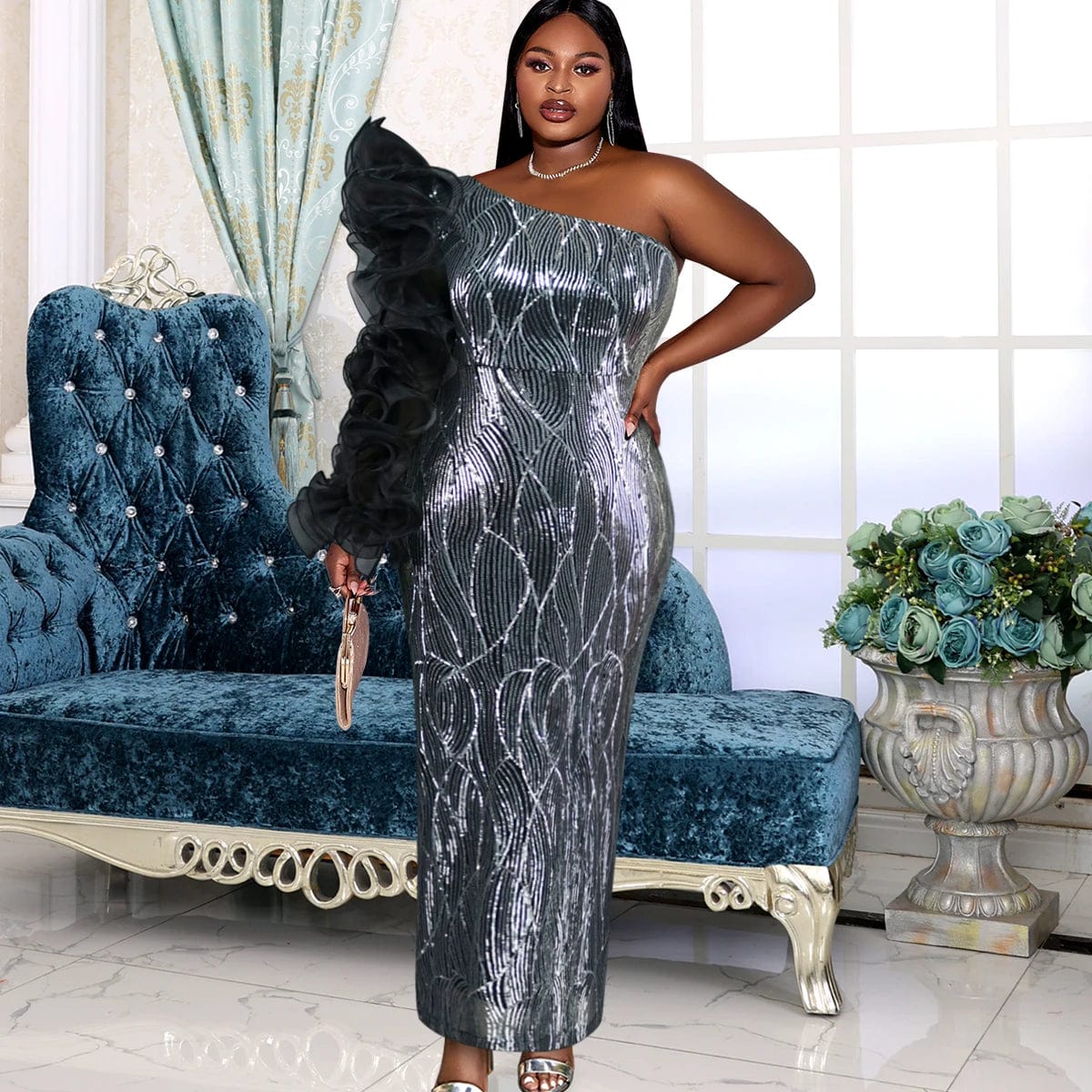 Elegant Ruffle AOMEI Lady Evening One Shoulder Long Sleeve Sequin Dress