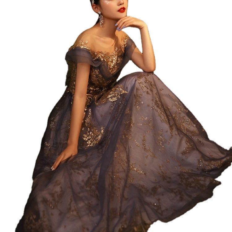 Elegant Sequin lace  women party sexy back open gown prom  evening dress