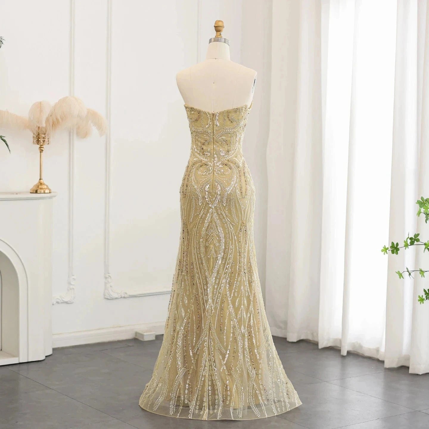 Elegant Strapless Mermaid Gold Beaded Evening Dress for Women Wedding Formal Party Gowns SZ176