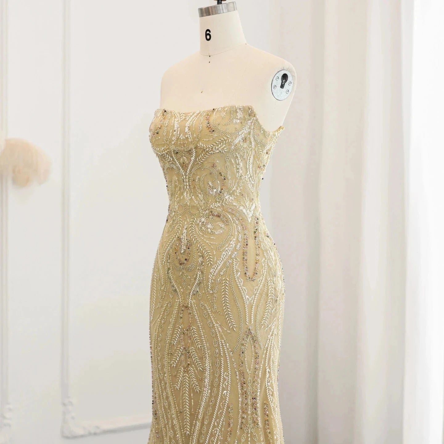 Elegant Strapless Mermaid Gold Beaded Evening Dress for Women Wedding Formal Party Gowns SZ176