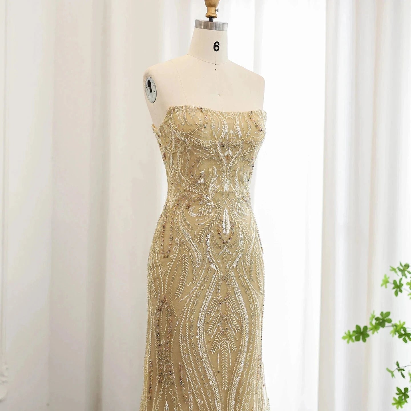 Elegant Strapless Mermaid Gold Beaded Evening Dress for Women Wedding Formal Party Gowns SZ176