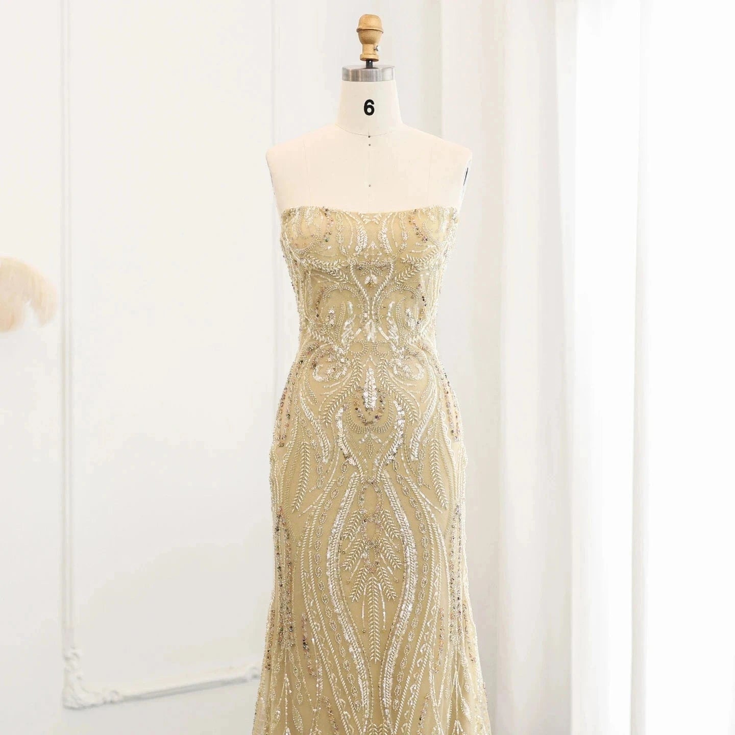 Elegant Strapless Mermaid Gold Beaded Evening Dress for Women Wedding Formal Party Gowns SZ176