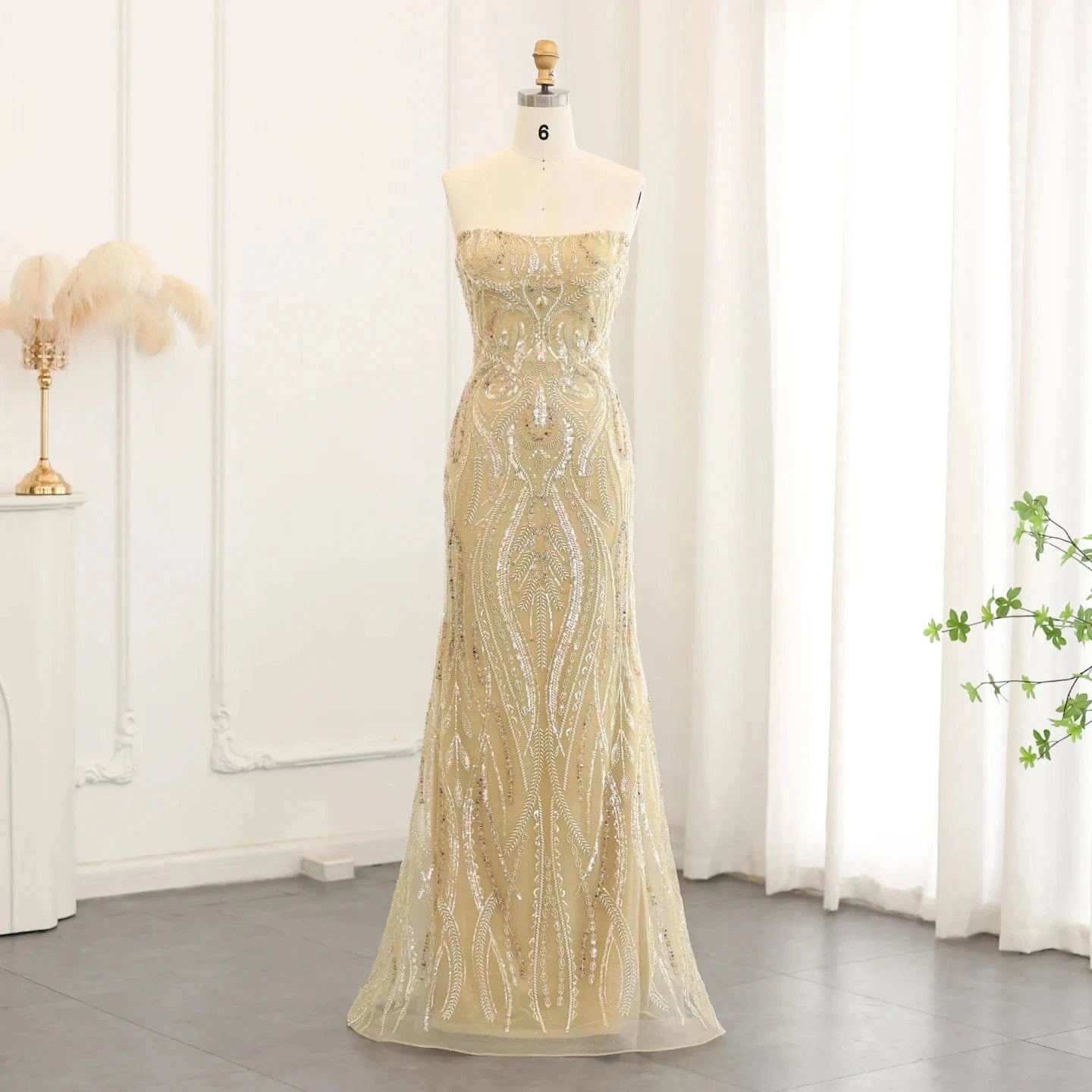 Elegant Strapless Mermaid Gold Beaded Evening Dress for Women Wedding Formal Party Gowns SZ176