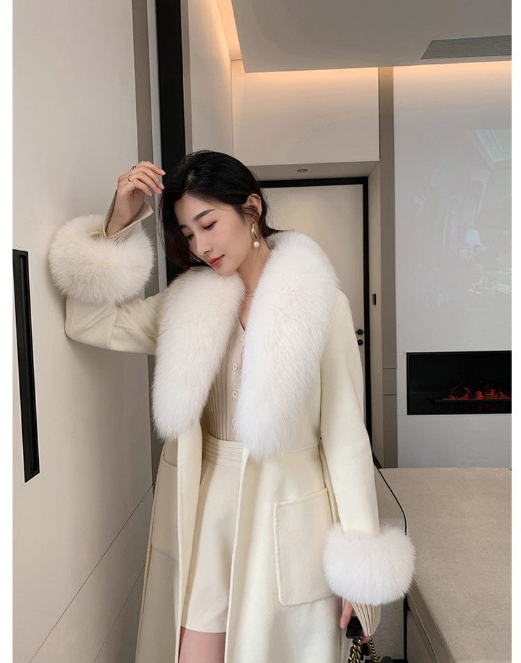 Elegant Style Real Fox Fur Collar Cuffs Women's Winter Long Coats Double Face Wool Cashmere Coat