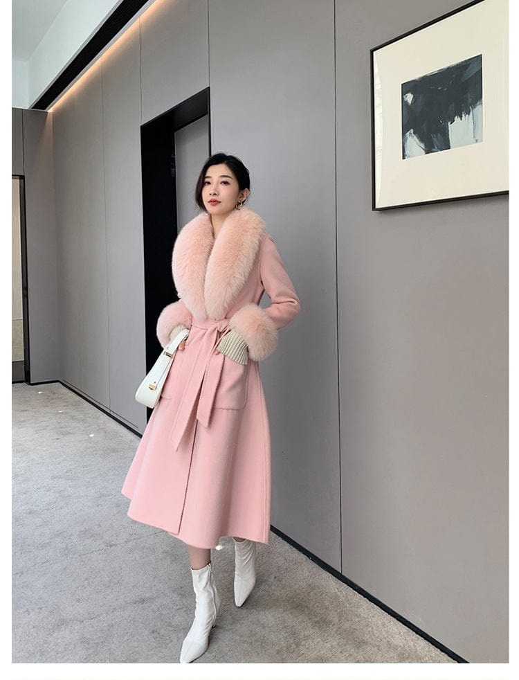 Elegant Style Real Fox Fur Collar Cuffs Women's Winter Long Coats Double Face Wool Cashmere Coat