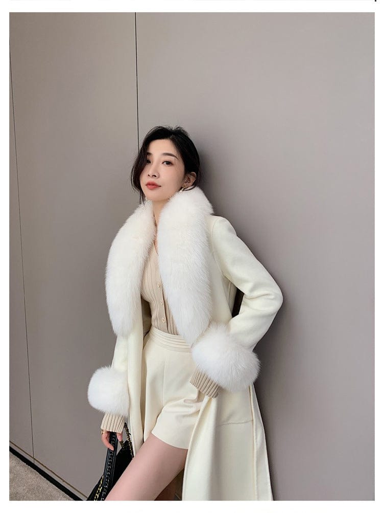 Elegant Style Real Fox Fur Collar Cuffs Women's Winter Long Coats Double Face Wool Cashmere Coat
