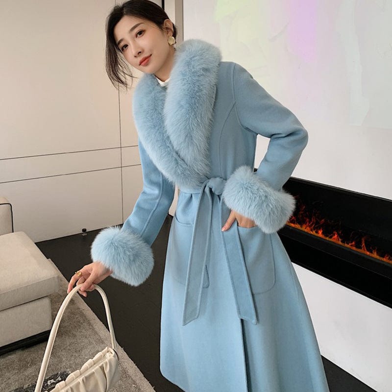 Elegant Style Real Fox Fur Collar Cuffs Women's Winter Long Coats Double Face Wool Cashmere Coat
