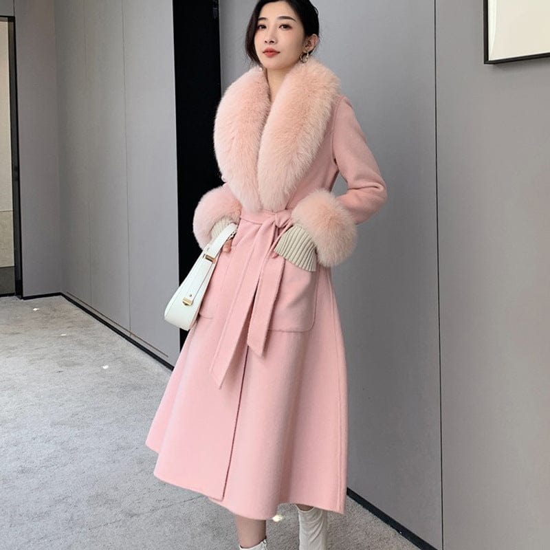 Elegant Style Real Fox Fur Collar Cuffs Women's Winter Long Coats Double Face Wool Cashmere Coat