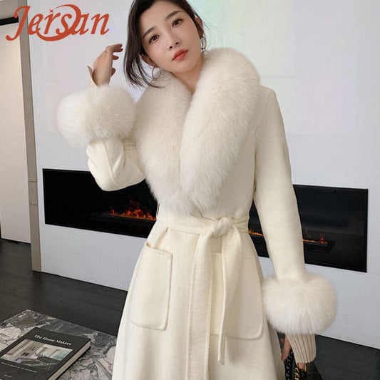 Elegant Style Real Fox Fur Collar Cuffs Women's Winter Long Coats Double Face Wool Cashmere Coat