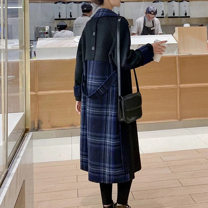 Elegant Turn Down Collar Cashmere Coat Women Belted Stitching Plaid 100% Wool Coat