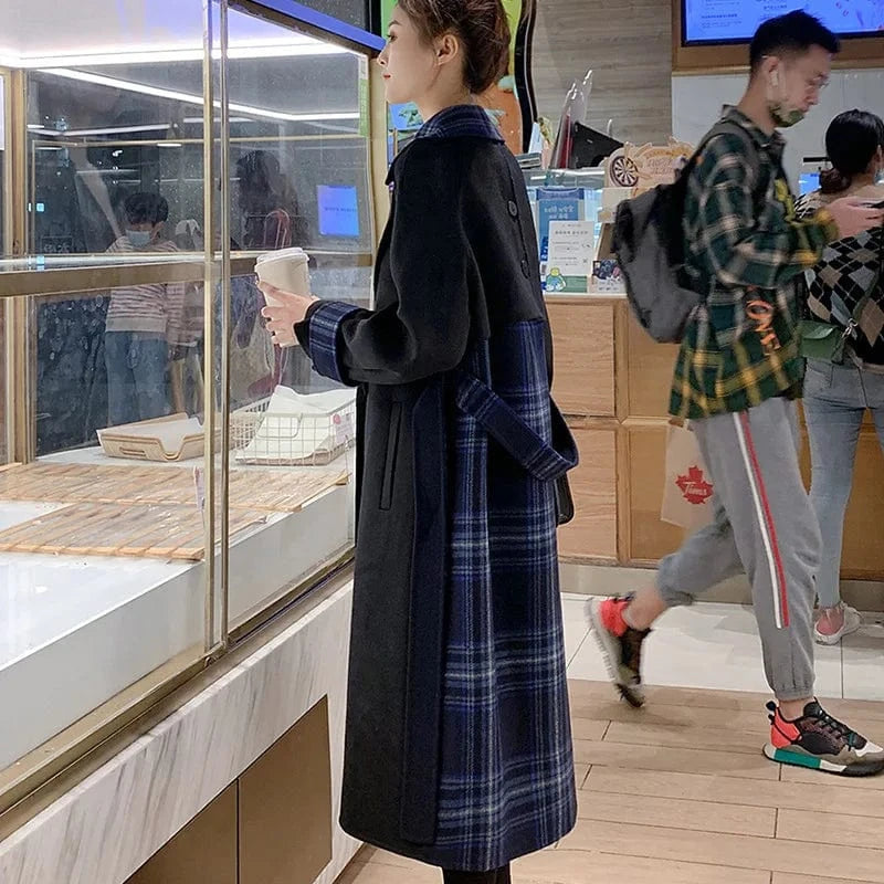 Elegant Turn Down Collar Cashmere Coat Women Belted Stitching Plaid 100% Wool Coat