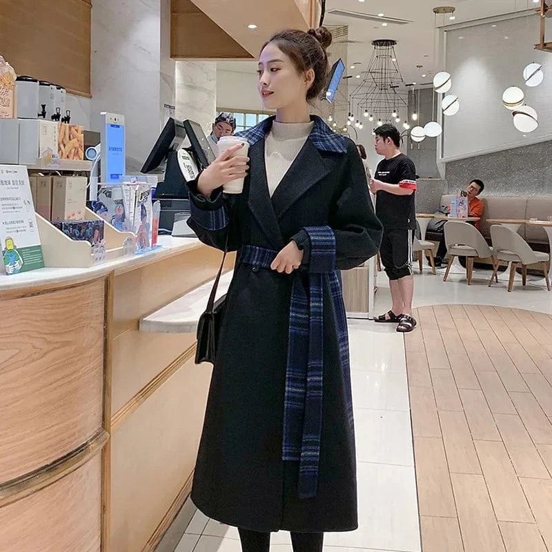 Elegant Turn Down Collar Cashmere Coat Women Belted Stitching Plaid 100% Wool Coat