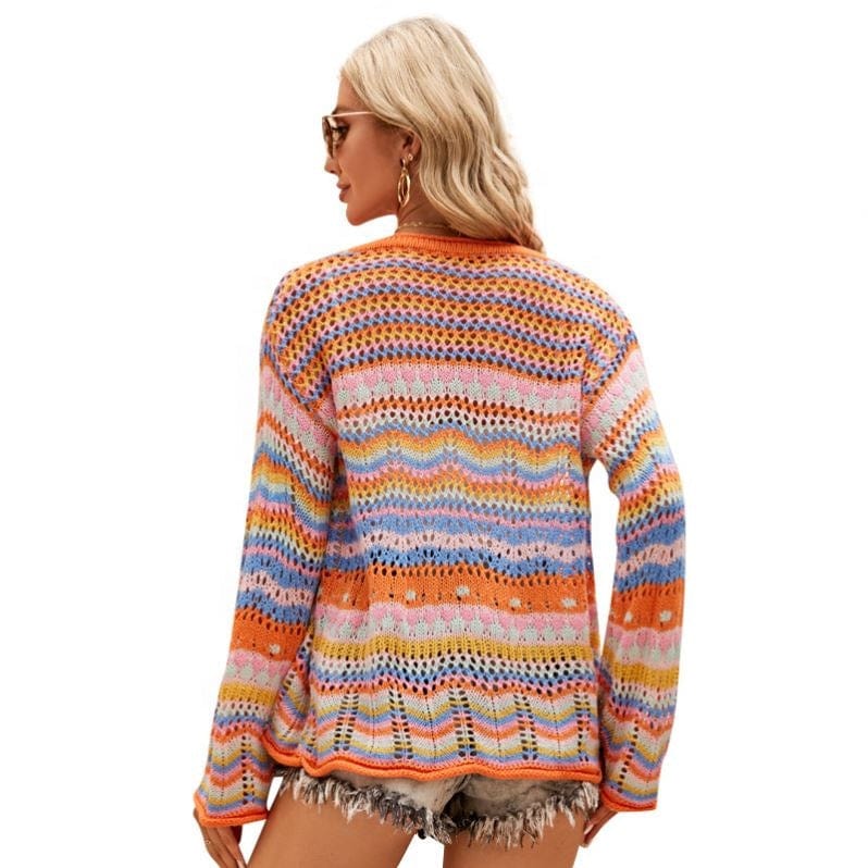 Elegant Versatile Top Long Sleeve Rainbow Striped Sweater Loose Round Neck Hollow Out Cardigan