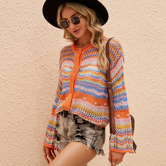 Elegant Versatile Top Long Sleeve Rainbow Striped Sweater Loose Round Neck Hollow Out Cardigan