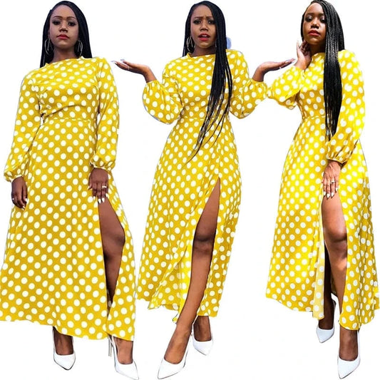 elegant women lady yellow dot print african party long sleeve high slit midi dress women streetwear boutique clothing for women