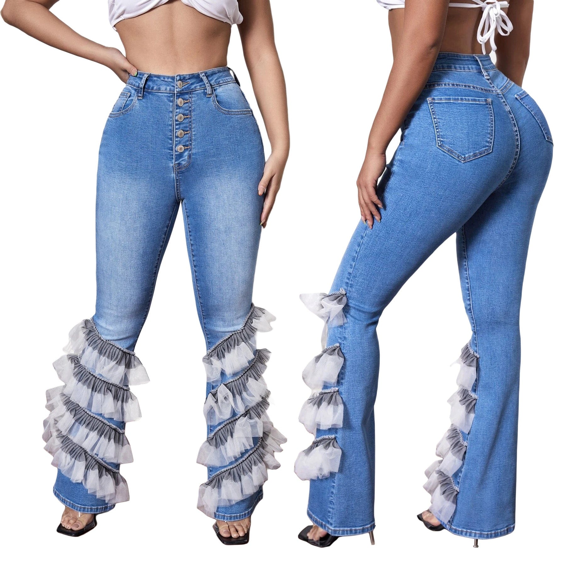 Elegant Women Mesh Patchwork Cascading Ruffles Flare Button Fly High Waist Jeans 2022 Street Ins Washed Blue Denim Pants