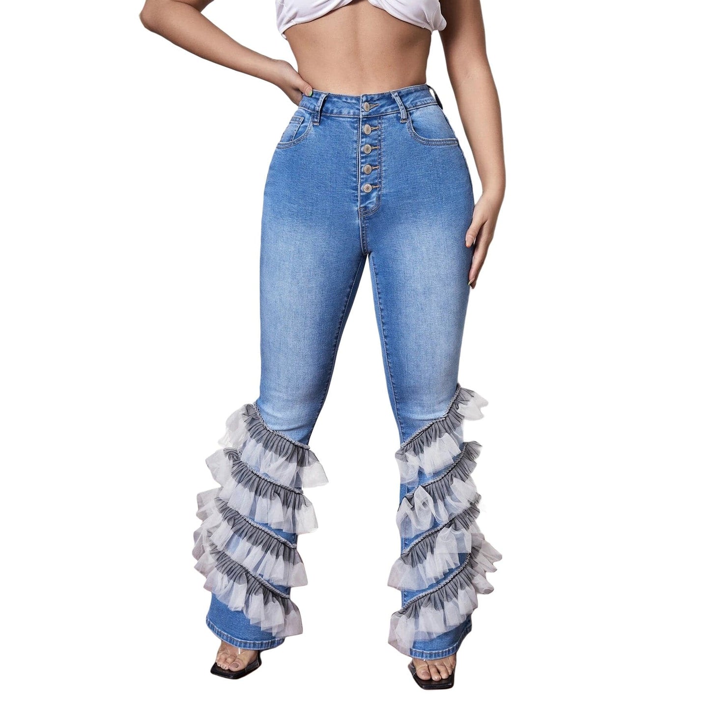 Elegant Women Mesh Patchwork Cascading Ruffles Flare Button Fly High Waist Jeans 2022 Street Ins Washed Blue Denim Pants