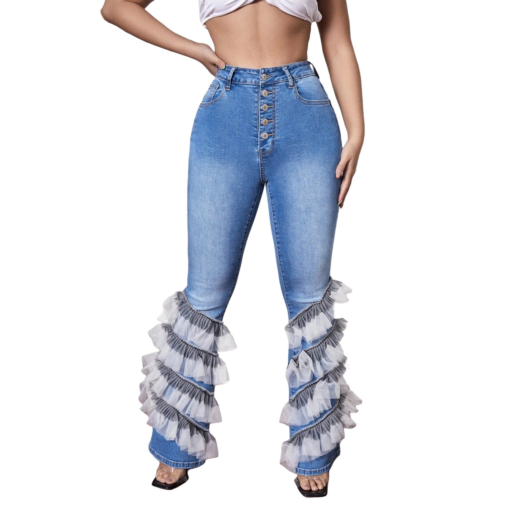 Elegant Women Mesh Patchwork Cascading Ruffles Flare Button Fly High Waist Jeans 2022 Street Ins Washed Blue Denim Pants