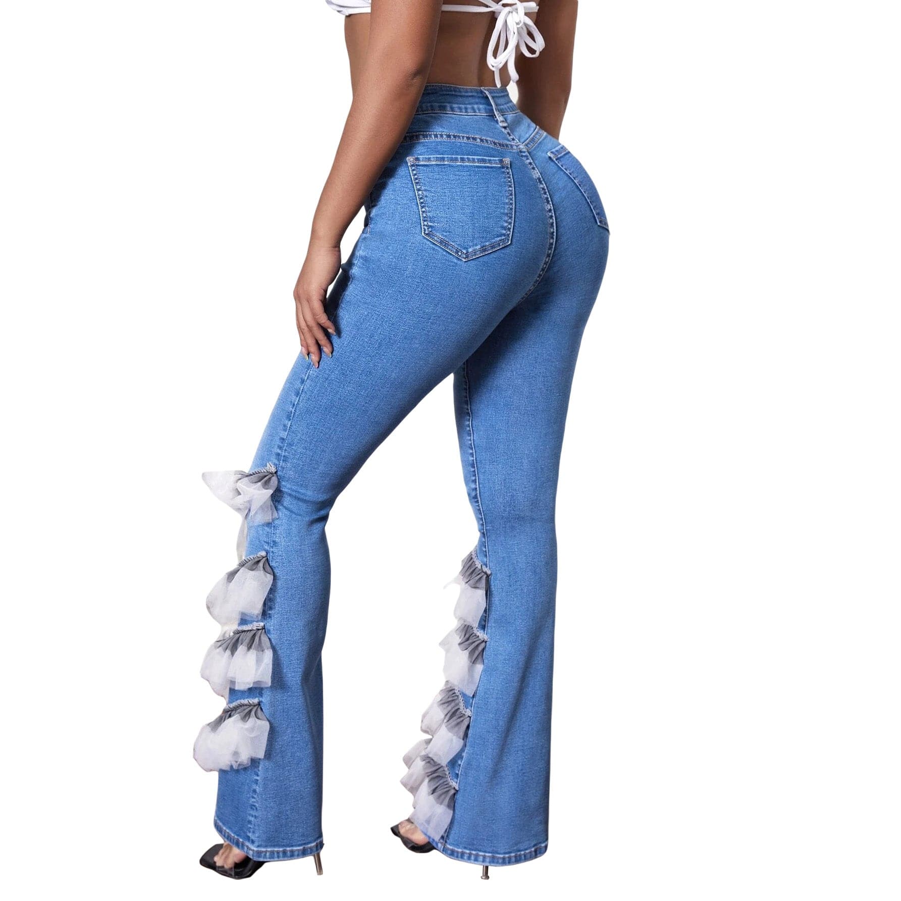 Elegant Women Mesh Patchwork Cascading Ruffles Flare Button Fly High Waist Jeans 2022 Street Ins Washed Blue Denim Pants