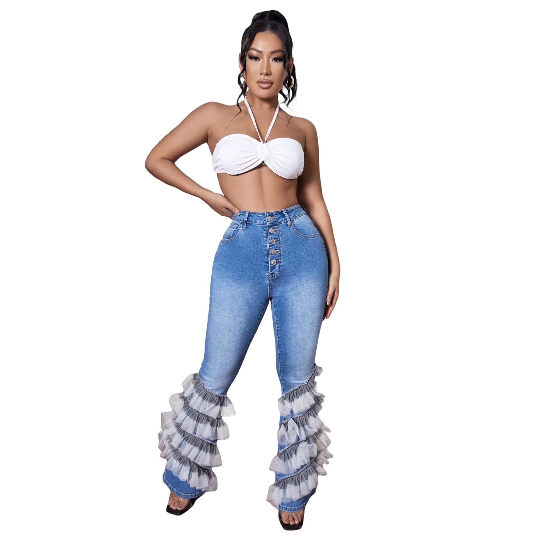 Elegant Women Mesh Patchwork Cascading Ruffles Flare Button Fly High Waist Jeans 2022 Street Ins Washed Blue Denim Pants