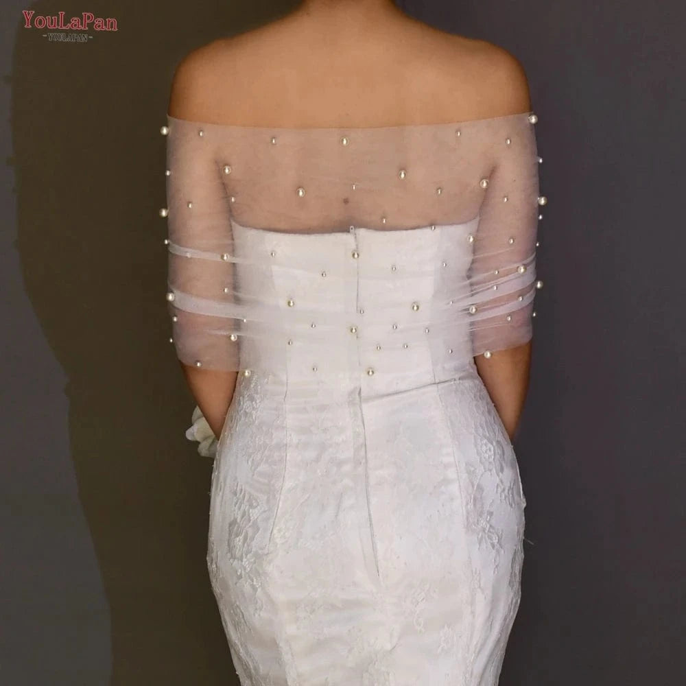 Elegant Women's Tulle Shawl – Sexy Pearl-Embellished Wedding & Evening Wrap
