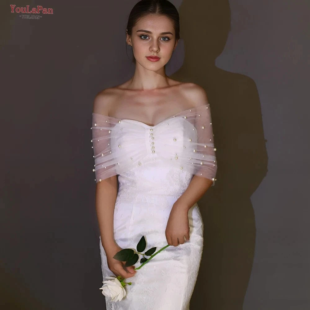 Elegant Women's Tulle Shawl – Sexy Pearl-Embellished Wedding & Evening Wrap