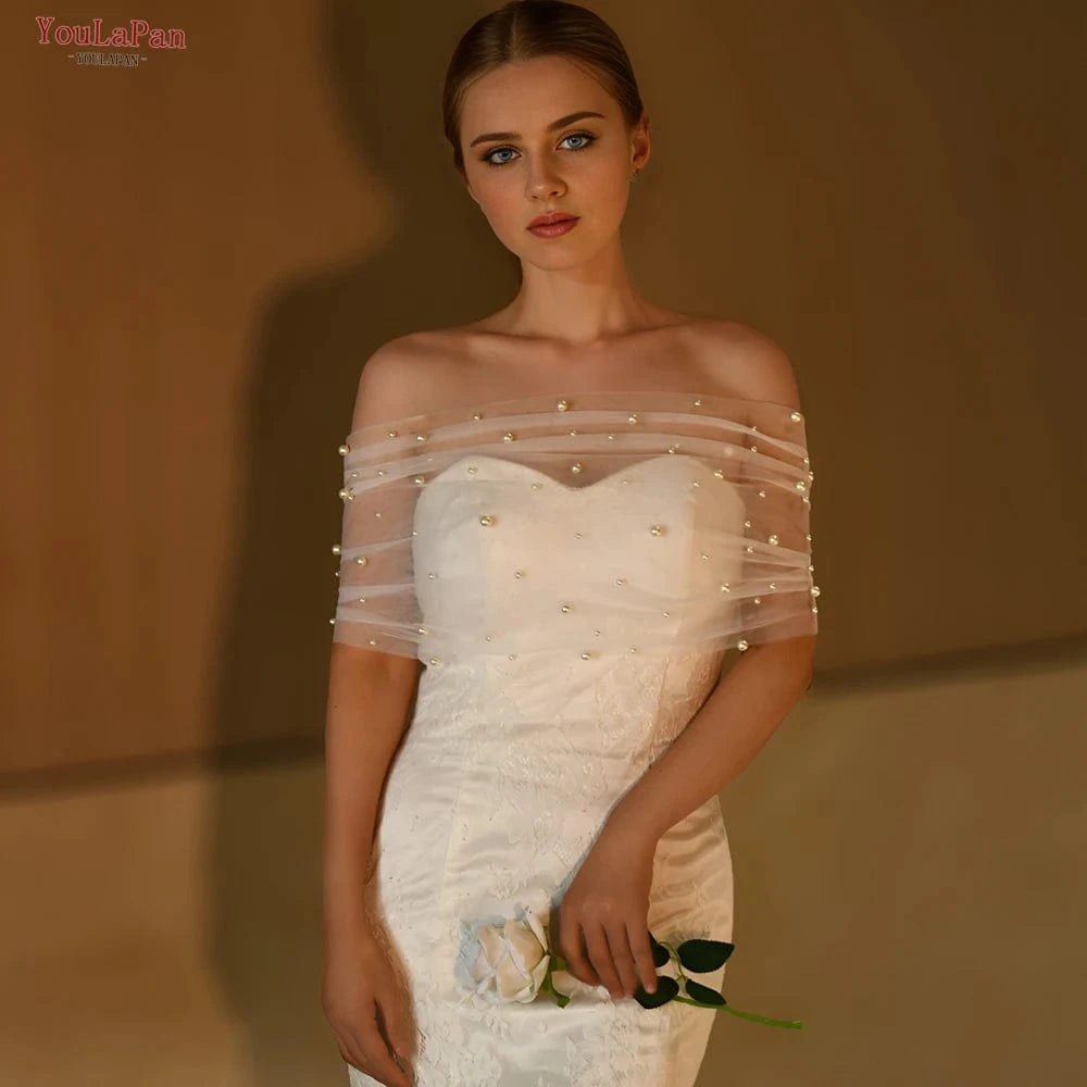 Elegant Women's Tulle Shawl – Sexy Pearl-Embellished Wedding & Evening Wrap