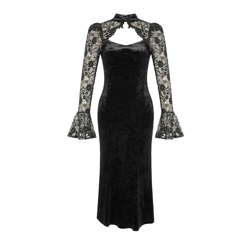 elegant XL / Black ZYHT 20961 Lady Mandarin Collar Sexy Lace Stitching Prom Dress Hollow Out Slim Fit Velvet Fishtail Dresses