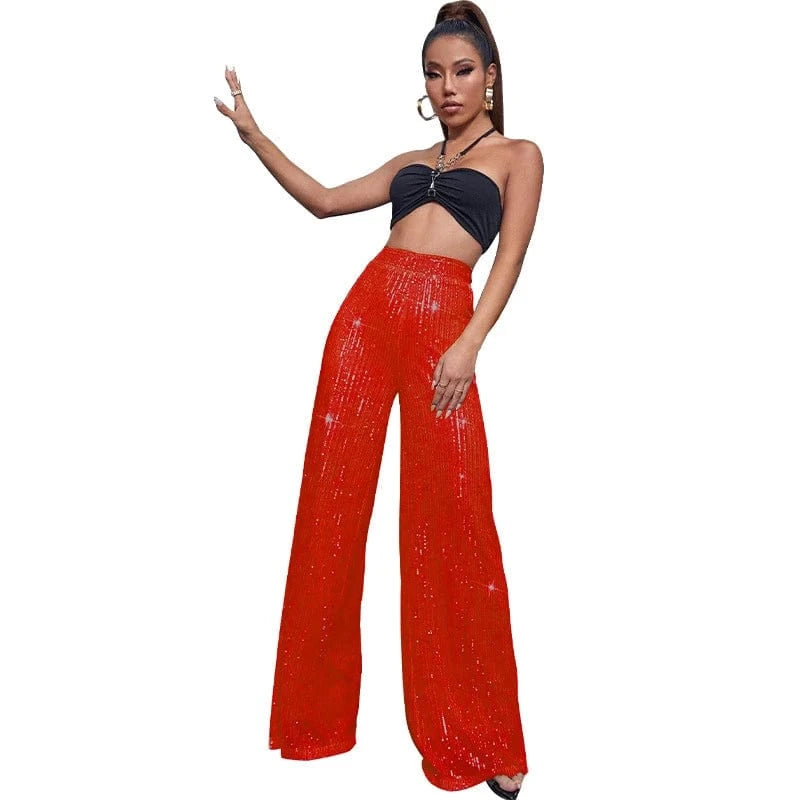 elegant y2k ladies female shiny orange red white hot pink sequin dance party pants summer women high waist flare pants for women