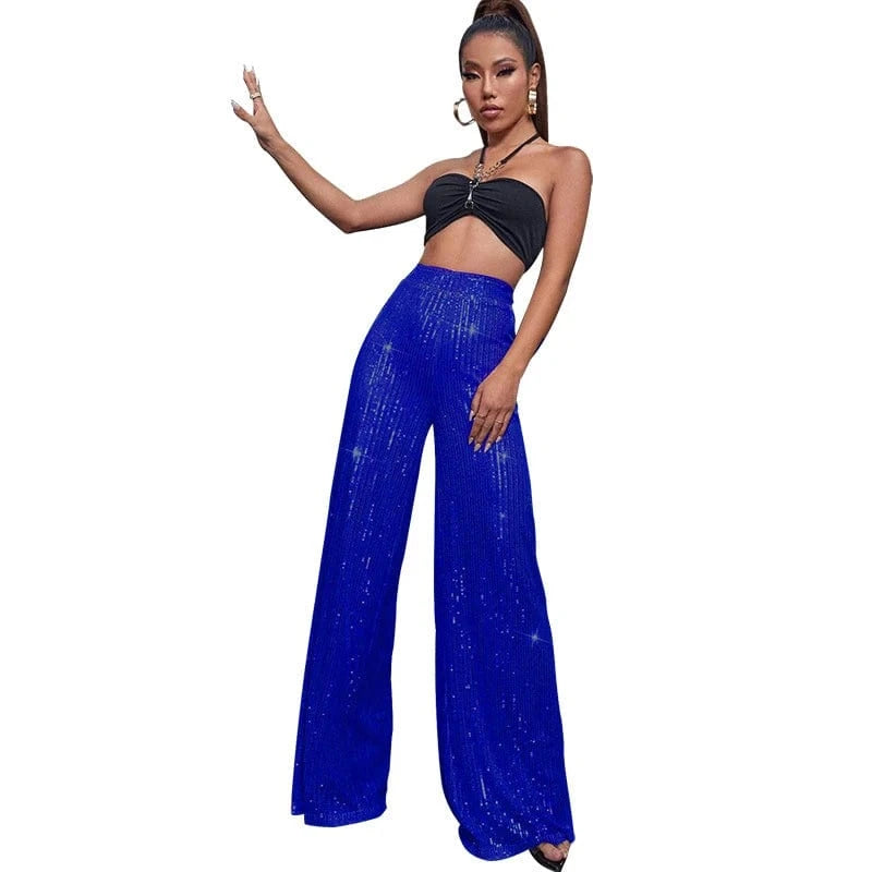 elegant y2k ladies female shiny orange red white hot pink sequin dance party pants summer women high waist flare pants for women