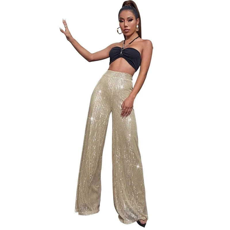 elegant y2k ladies female shiny orange red white hot pink sequin dance party pants summer women high waist flare pants for women