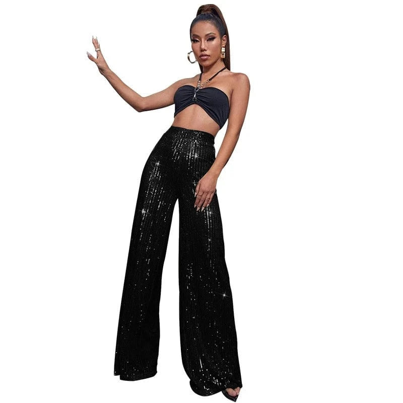 elegant y2k ladies female shiny orange red white hot pink sequin dance party pants summer women high waist flare pants for women