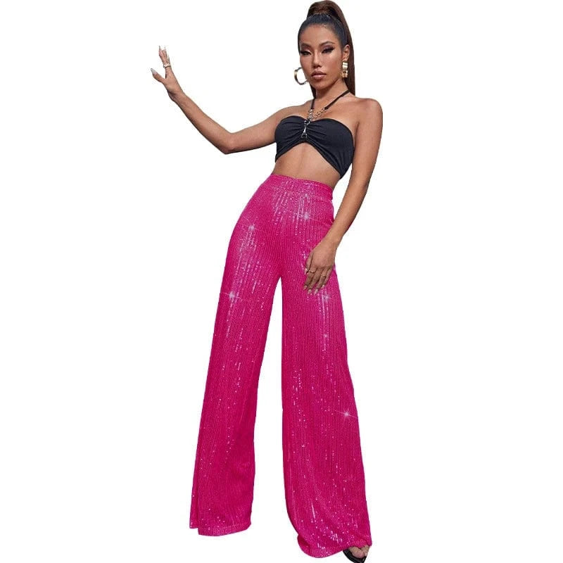 elegant y2k ladies female shiny orange red white hot pink sequin dance party pants summer women high waist flare pants for women