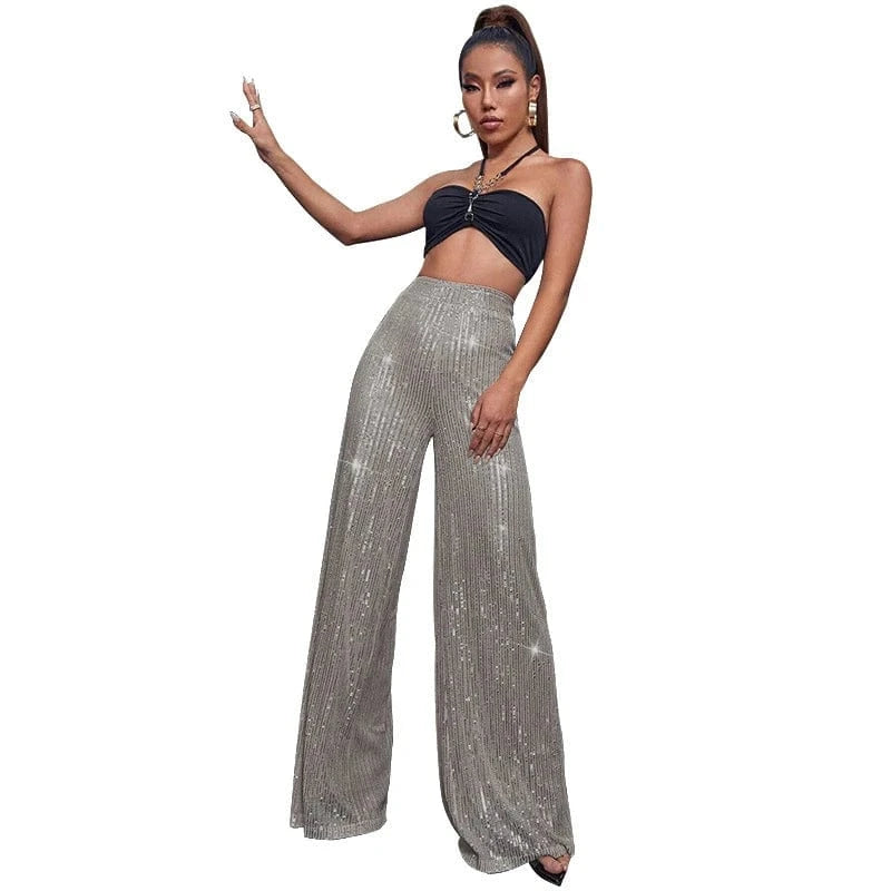 elegant y2k ladies female shiny orange red white hot pink sequin dance party pants summer women high waist flare pants for women