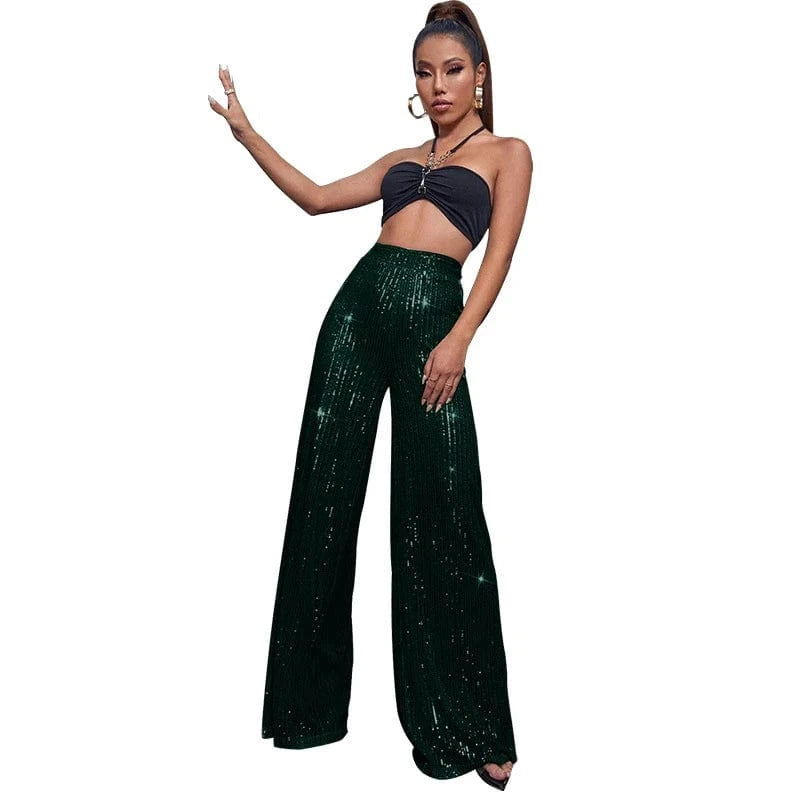 elegant y2k ladies female shiny orange red white hot pink sequin dance party pants summer women high waist flare pants for women