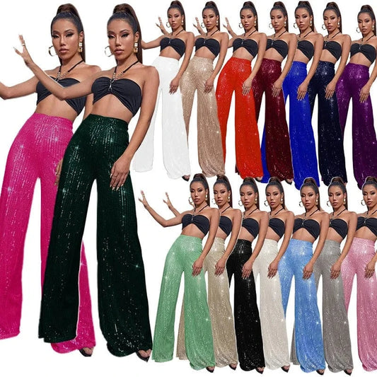 elegant y2k ladies female shiny orange red white hot pink sequin dance party pants summer women high waist flare pants for women