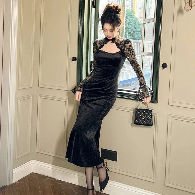 elegant ZYHT 20961 Lady Mandarin Collar Sexy Lace Stitching Prom Dress Hollow Out Slim Fit Velvet Fishtail Dresses