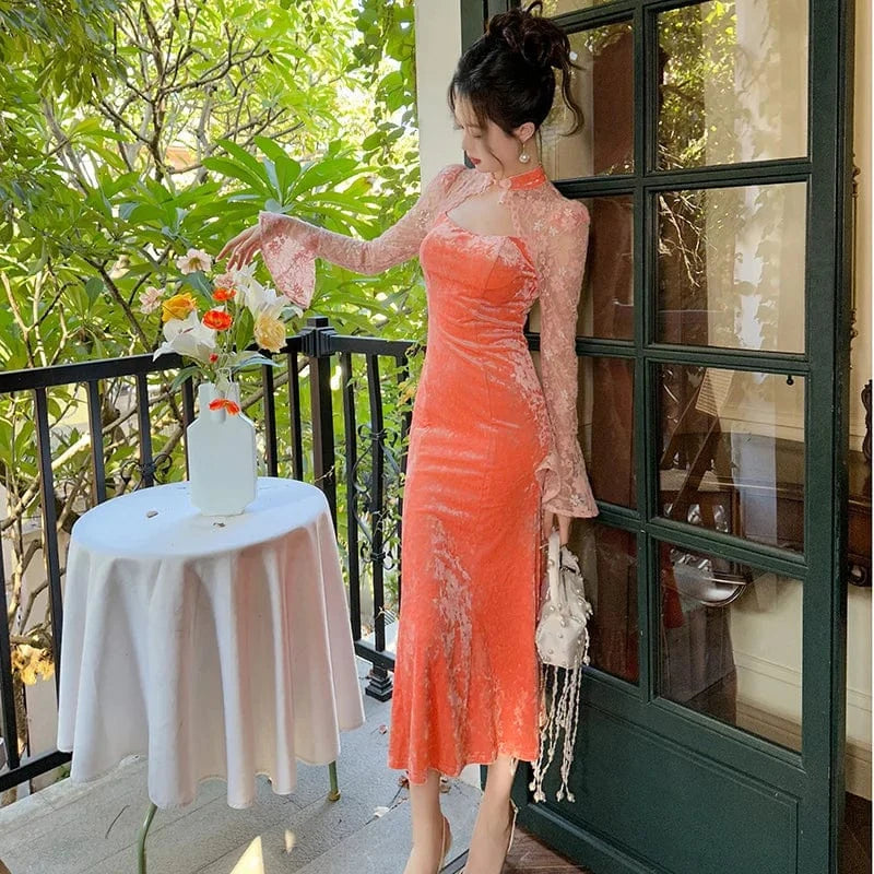 elegant ZYHT 20961 Lady Mandarin Collar Sexy Lace Stitching Prom Dress Hollow Out Slim Fit Velvet Fishtail Dresses