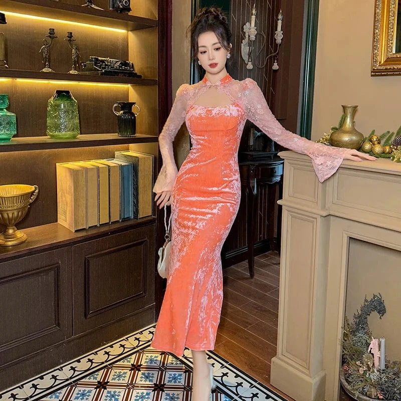 elegant ZYHT 20961 Lady Mandarin Collar Sexy Lace Stitching Prom Dress Hollow Out Slim Fit Velvet Fishtail Dresses