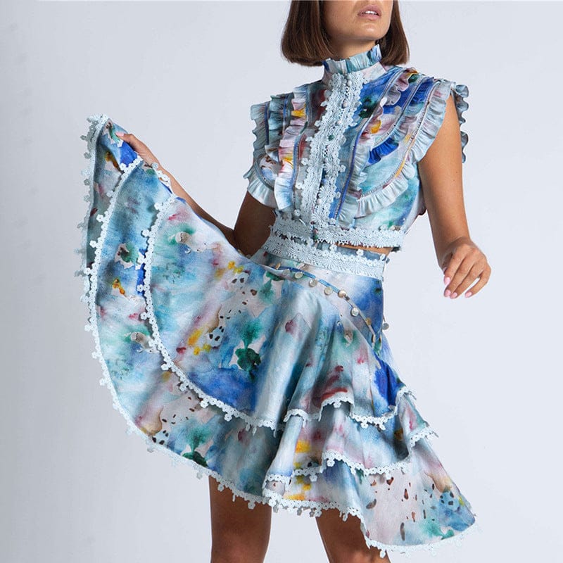 Elegante Vestidos Casuales Two-piece Set 2022 Autumn Fashion Stand-up Collar Sleeveless Top + High Waist Skirt Suit