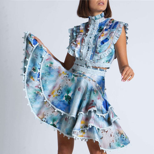 Elegante Vestidos Casuales Two-piece Set 2022 Autumn Fashion Stand-up Collar Sleeveless Top + High Waist Skirt Suit