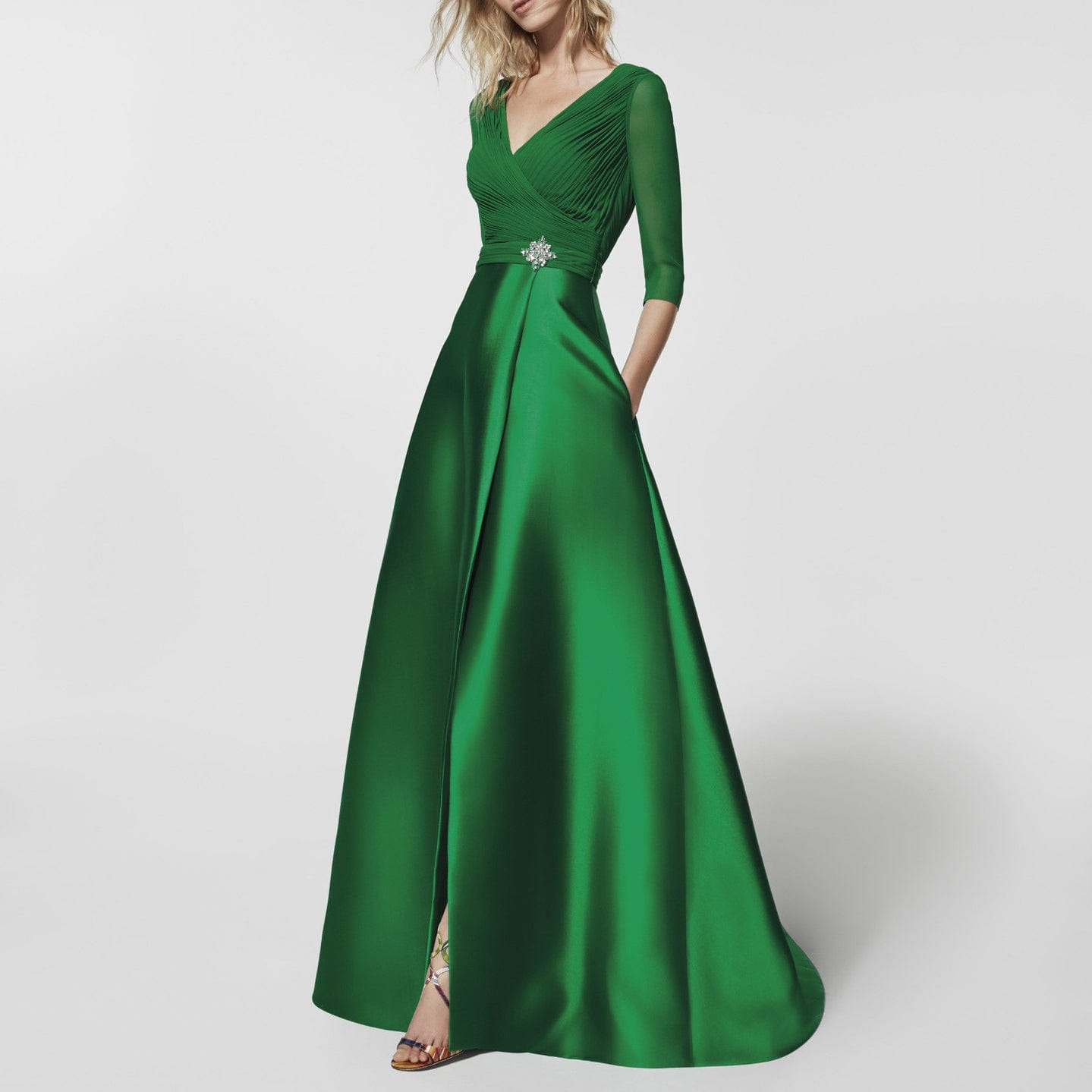 Empire waist Ruched waistband V-Neck Long-Sleeve Satin Thigh-Slit Gown Long Sleeve Party Evening Dress drop shipping fulfill