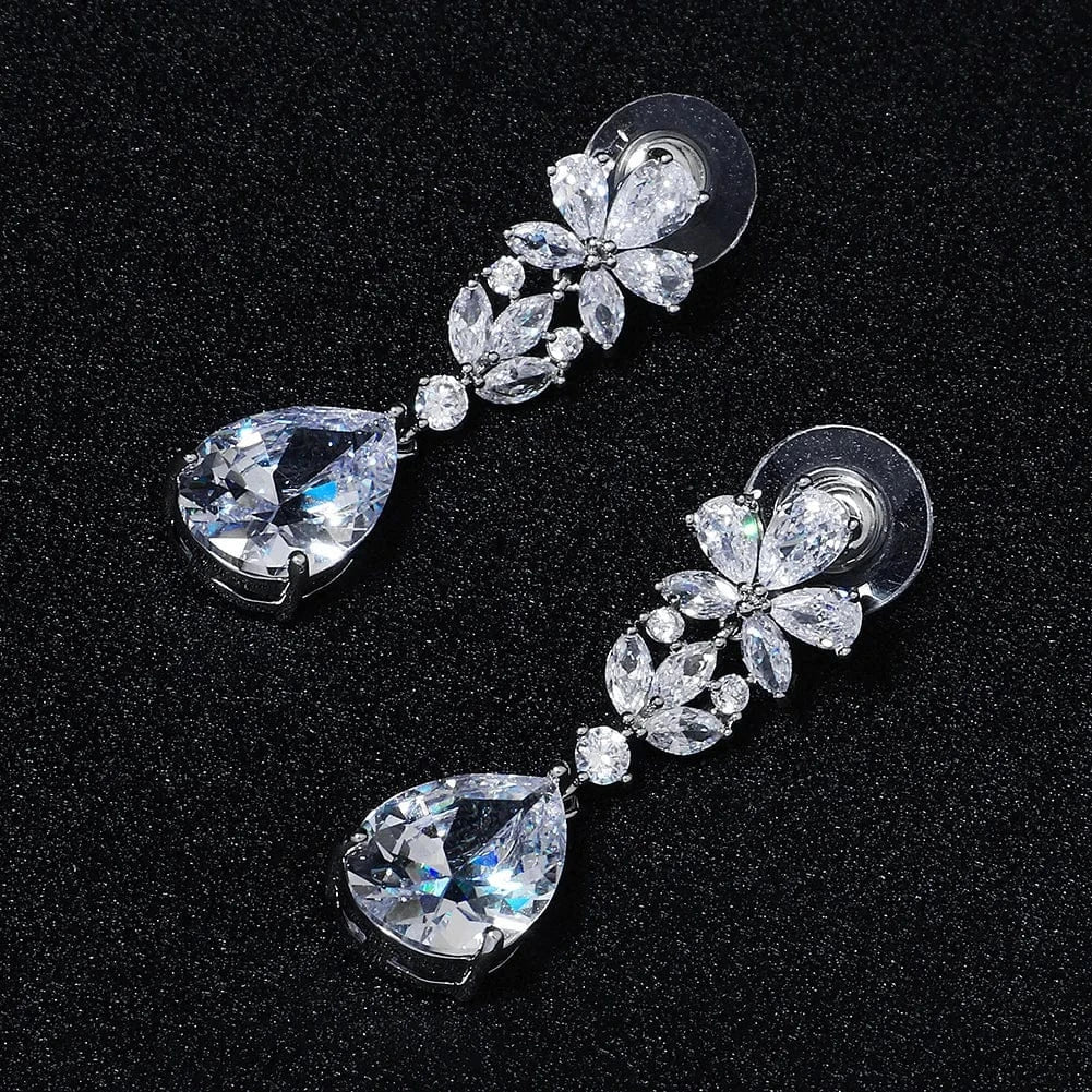 ERS-J4144S Drop Shipping Bridesmaid Jewelry Copper Zircon Silver Plated Flower Shape Earrings Wedding Accessories For Bride