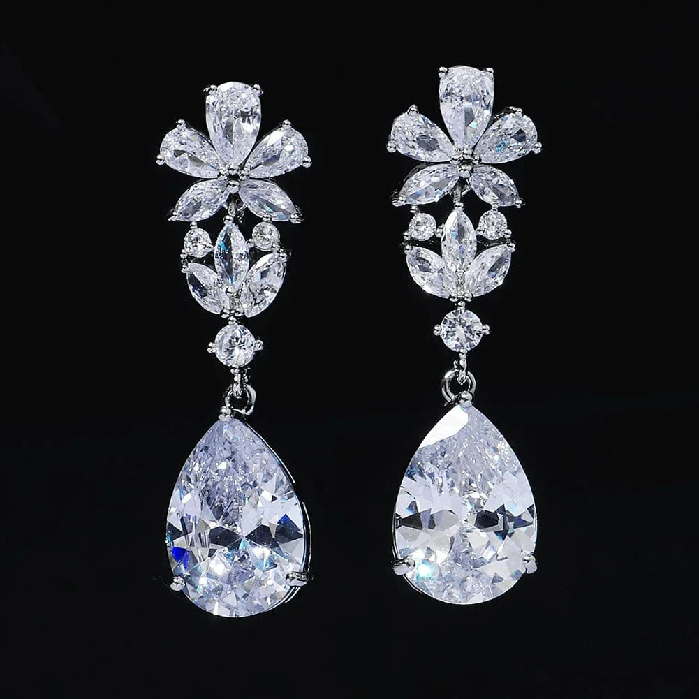 ERS-J4144S Drop Shipping Bridesmaid Jewelry Copper Zircon Silver Plated Flower Shape Earrings Wedding Accessories For Bride
