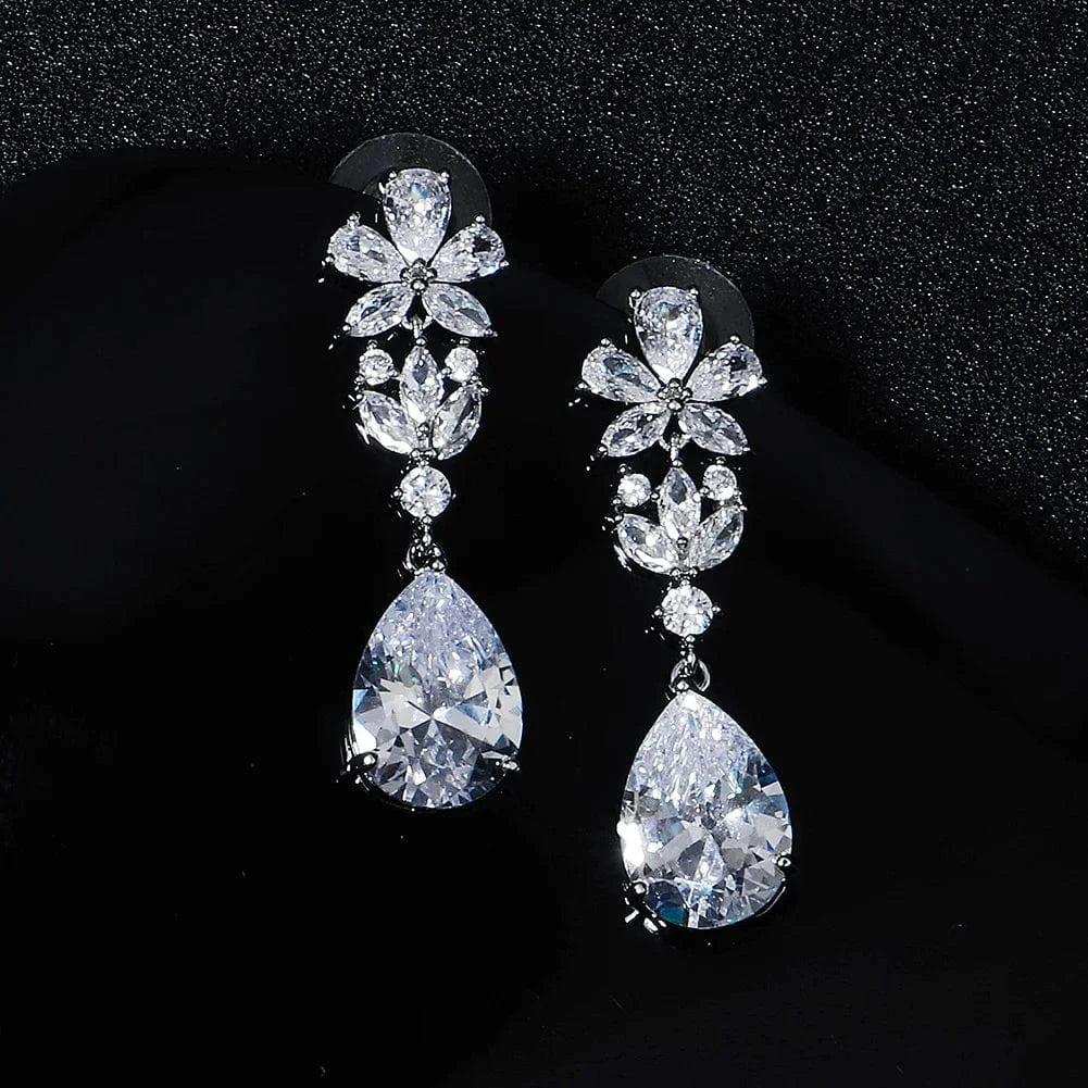 ERS-J4144S Drop Shipping Bridesmaid Jewelry Copper Zircon Silver Plated Flower Shape Earrings Wedding Accessories For Bride