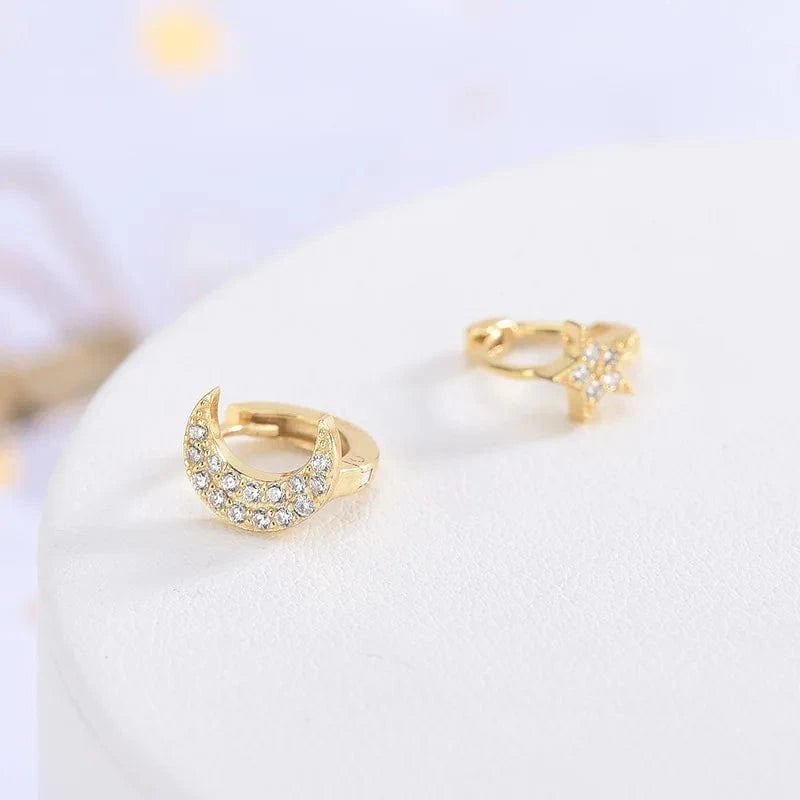 ES928 gold fashion jewelry 925 sterling silver statement earrings asymmetrical moon star zircon gold plated hoop earrings women
