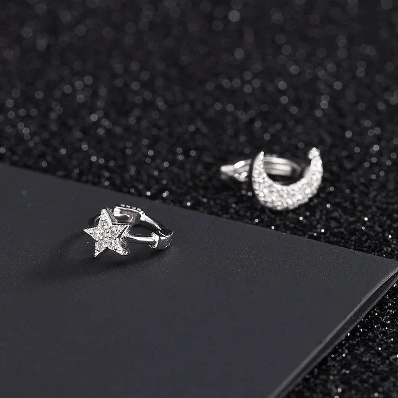 ES928 silver fashion jewelry 925 sterling silver statement earrings asymmetrical moon star zircon gold plated hoop earrings women