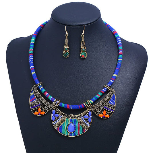 Europe And America Popular Ethnic Style Braided Rope Earrings Two-piece Jewelry Female Earrings And Necklace Set