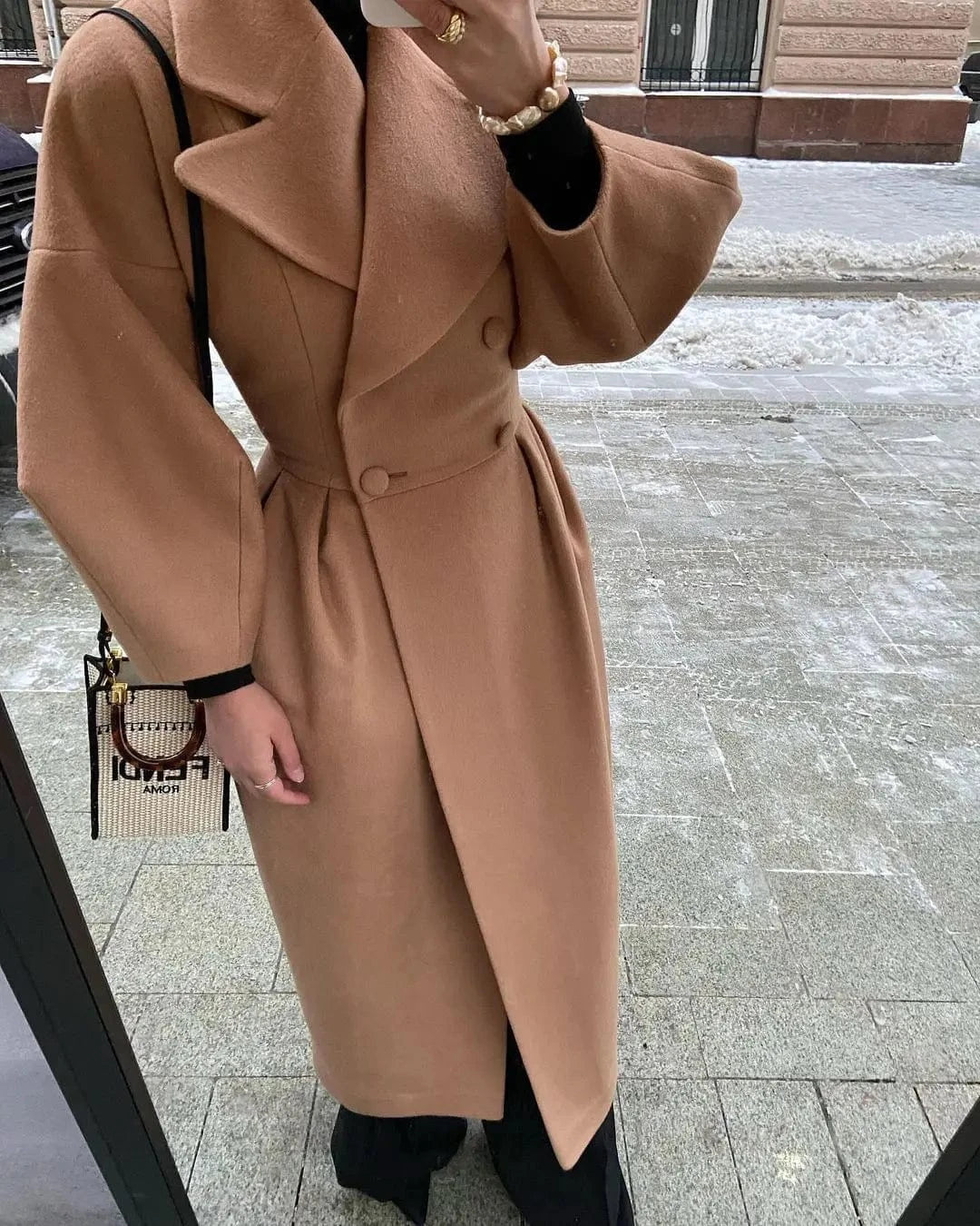 Europe And The United States 2023 Autumn And Winter Fashion Lantern Sleeve Large Lapel Wool Coat
