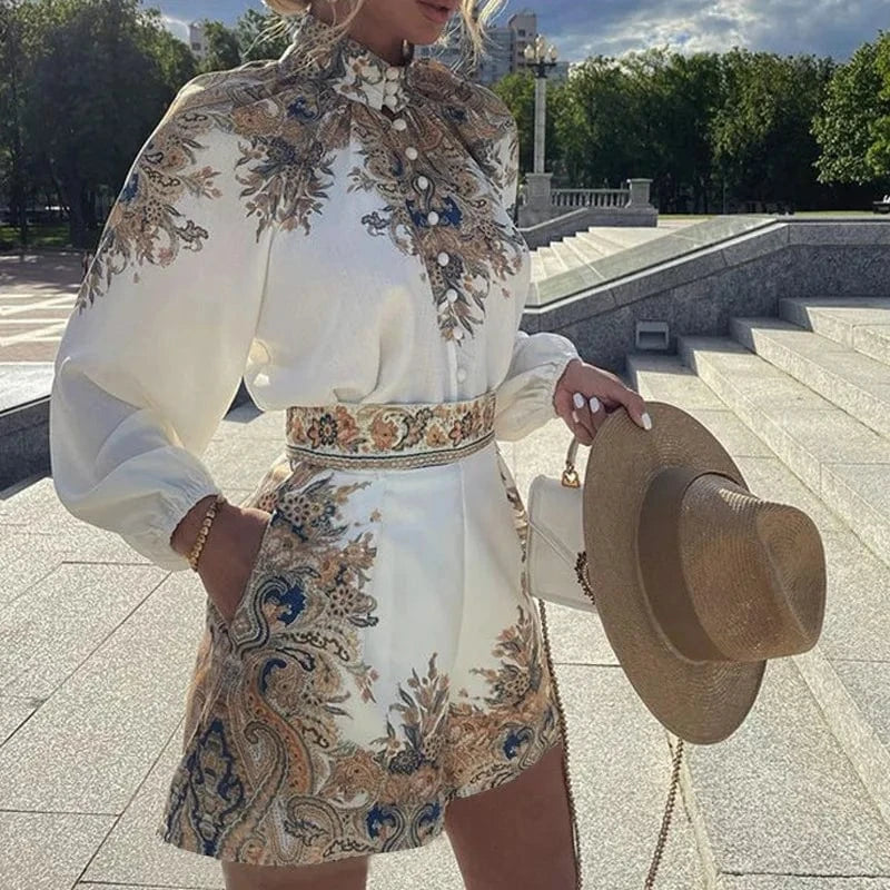 Europe And The United States Autumn And Winter Women's Printed Long-sleeved Blouse Shorts  Two-piece Set